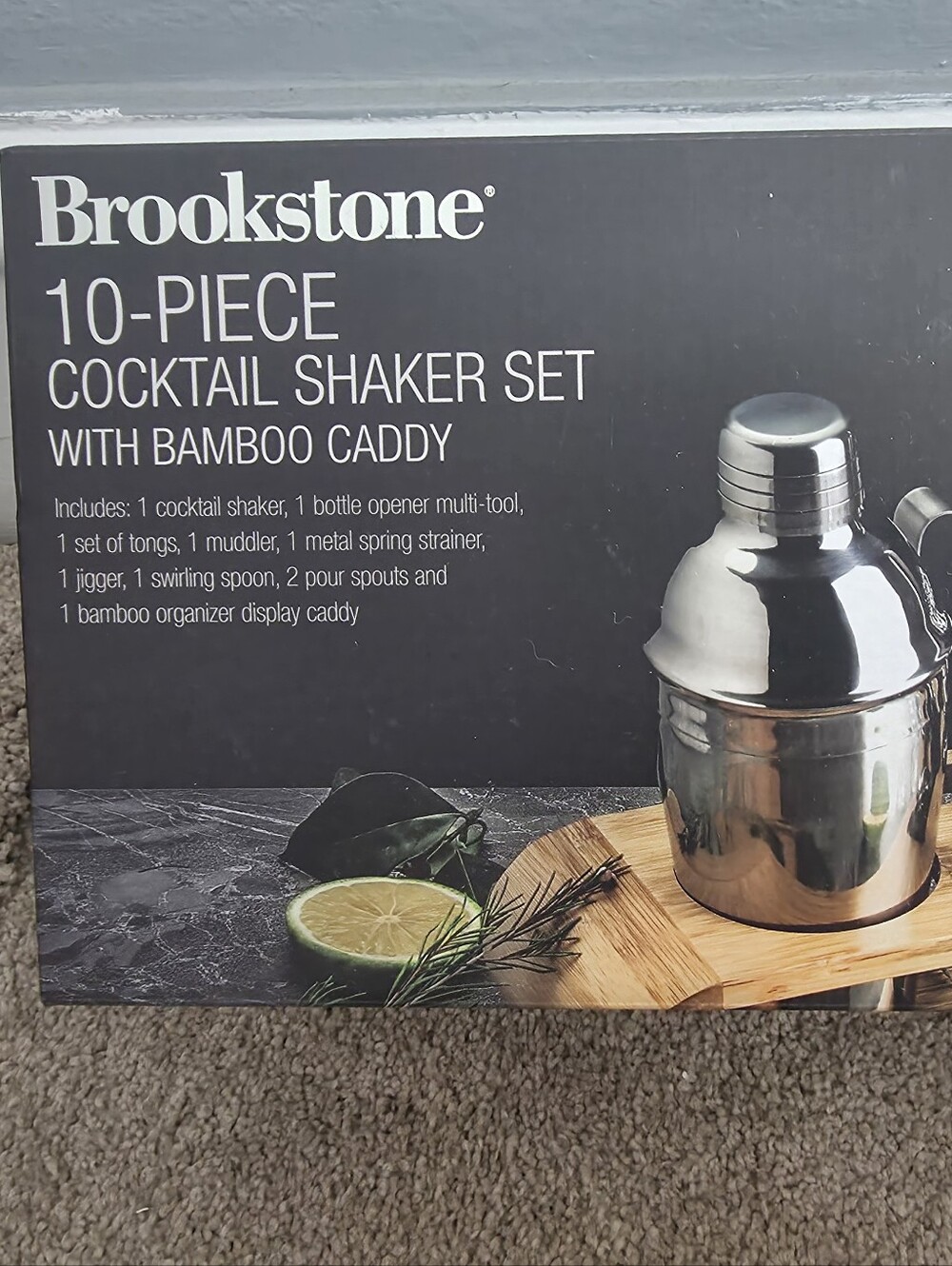 Brookstone 10 Piece Cocktail Shaker Set With Bamboo Caddy. New In Box.